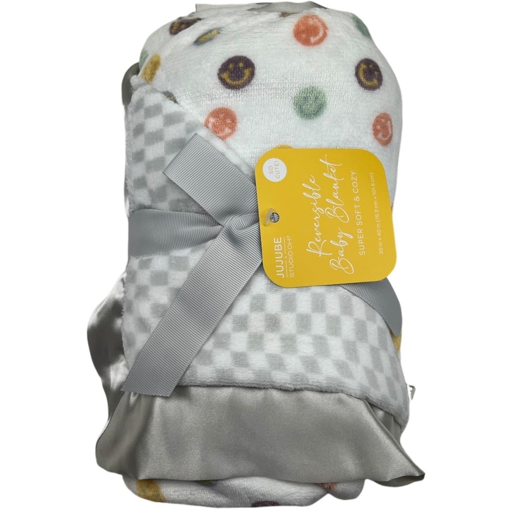 JuJuBe Smile Happy Vibe Plush Baby Blanket Silver Satin Trim Smiley Face NWT